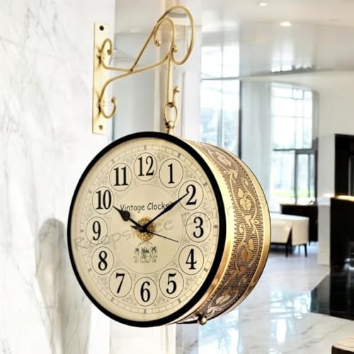 Vintage Clock Handcrafted Double Side Clock with English & Roman Numbers 1 Year Warranty (12 Inches Size, Brass Finish, Floral Design) - Image 3