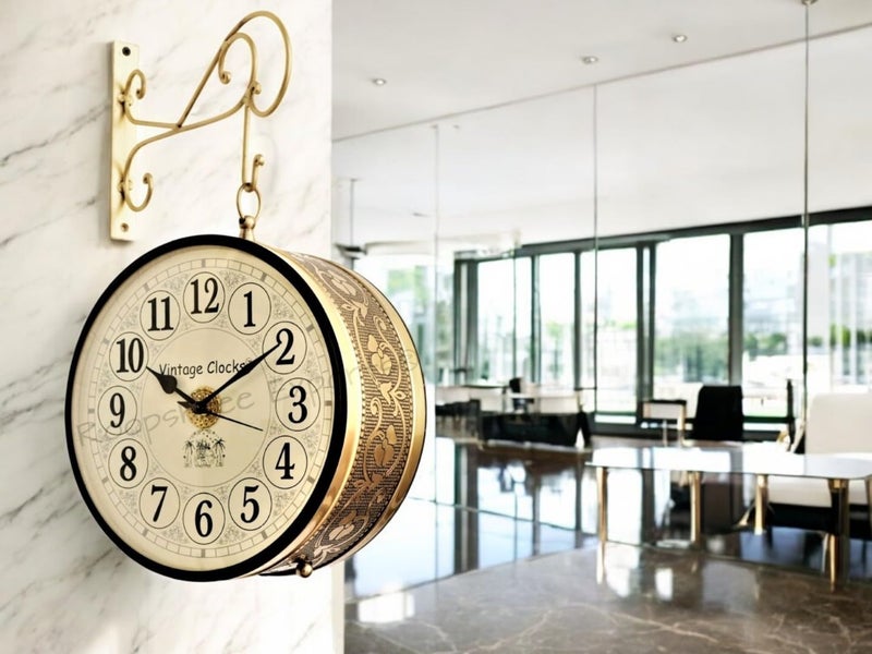 Vintage Clock Handcrafted Double Side Clock with English & Roman Numbers 1 Year Warranty (12 Inches Size, Brass Finish, Floral Design) - Image 5