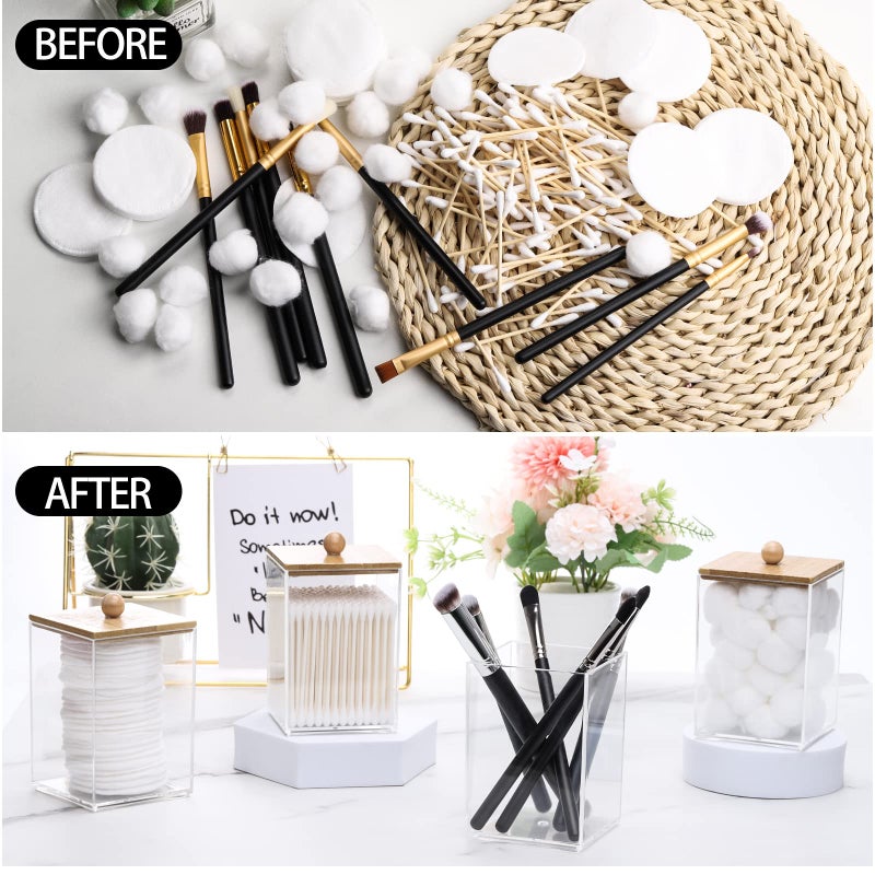 Tbestmax 12 OZ Cotton Swab/Ball/Pad Holder, Qtip Apothecary Jar, Clear Bathroom Containers Dispenser for Storage 4 Pack Wood Lids - Image 5