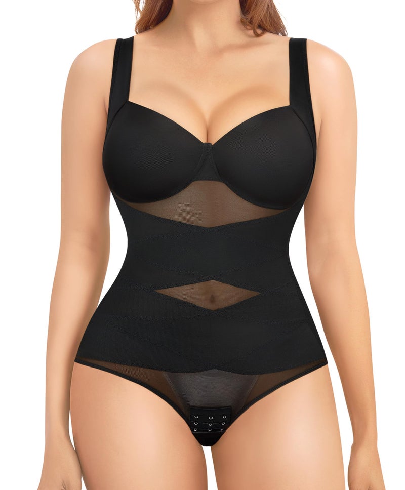 Nebility Shapewear Bodysuit for Women Tummy Control Waist Trainer Backless Body Shaper V-Neck with Built in Bra(Black,Large) - Image 1