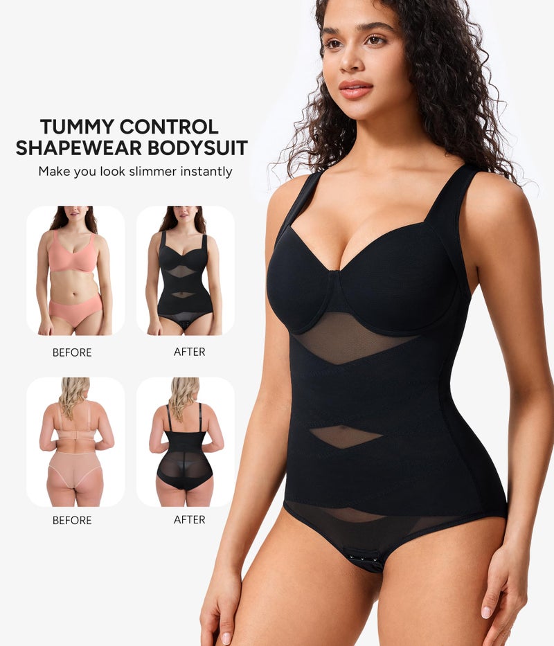 Nebility Shapewear Bodysuit for Women Tummy Control Waist Trainer Backless Body Shaper V-Neck with Built in Bra(Black,Large) - Image 4
