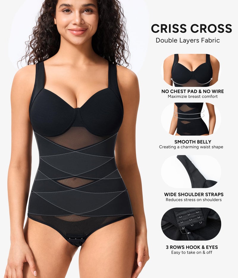 Nebility Shapewear Bodysuit for Women Tummy Control Waist Trainer Backless Body Shaper V-Neck with Built in Bra(Black,Large) - Image 5