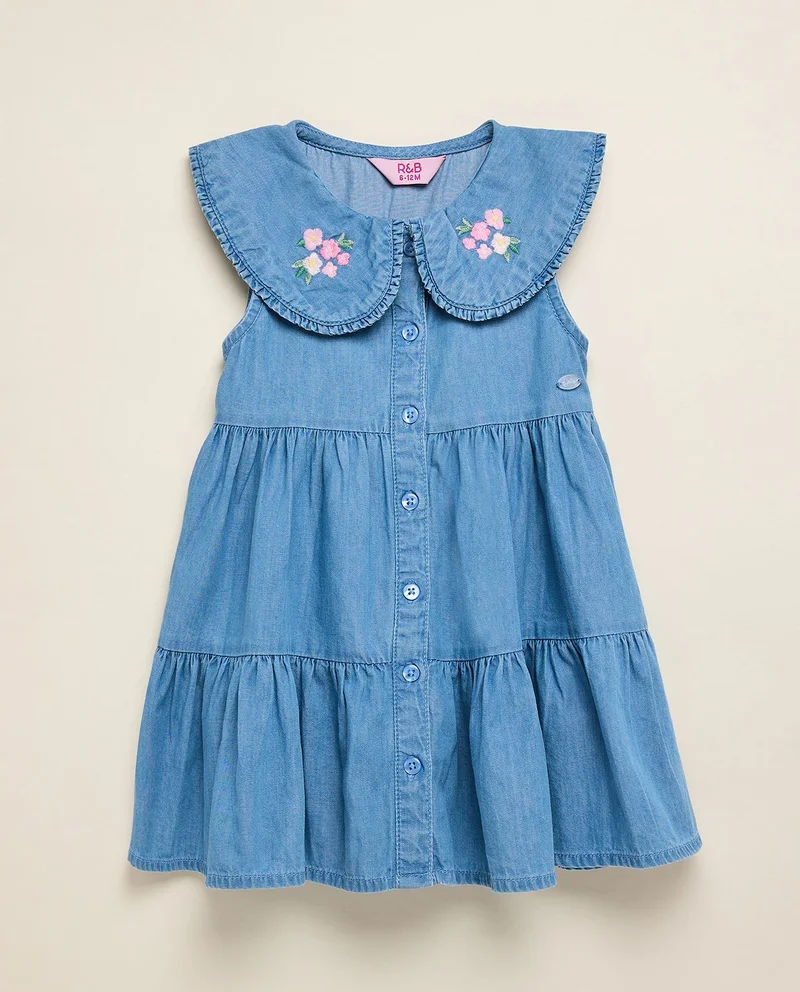 R&B Washed Tiered Sleeveless Dress with Peter Pan Collar