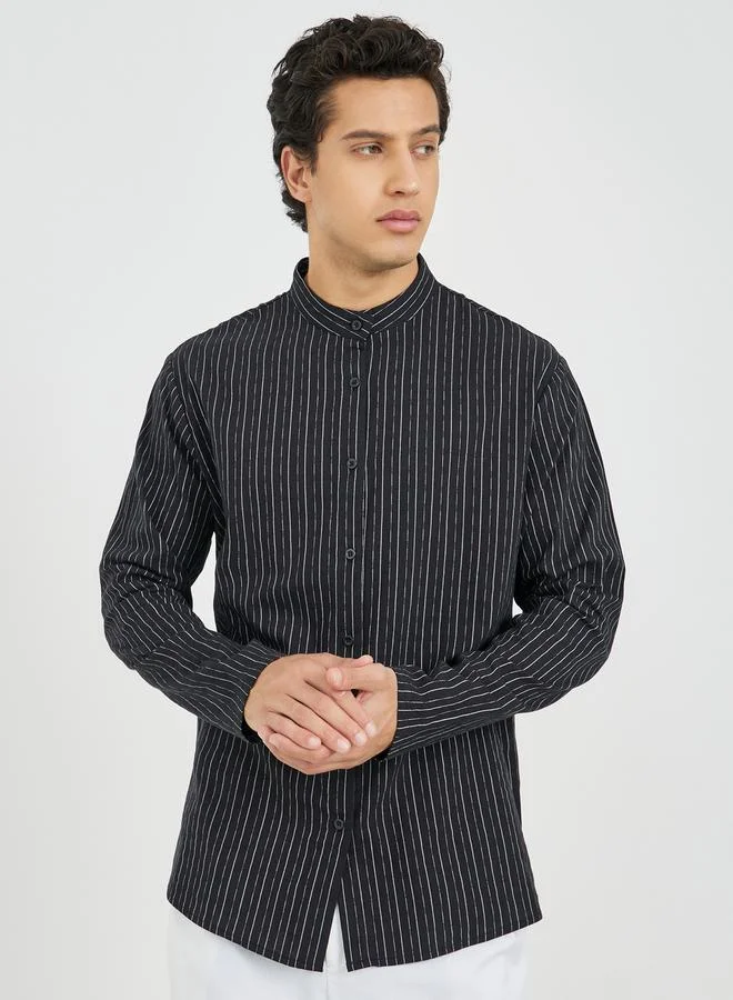 Styli Striped Mandarin Collar Long Sleeve Relaxed Fit Shirt