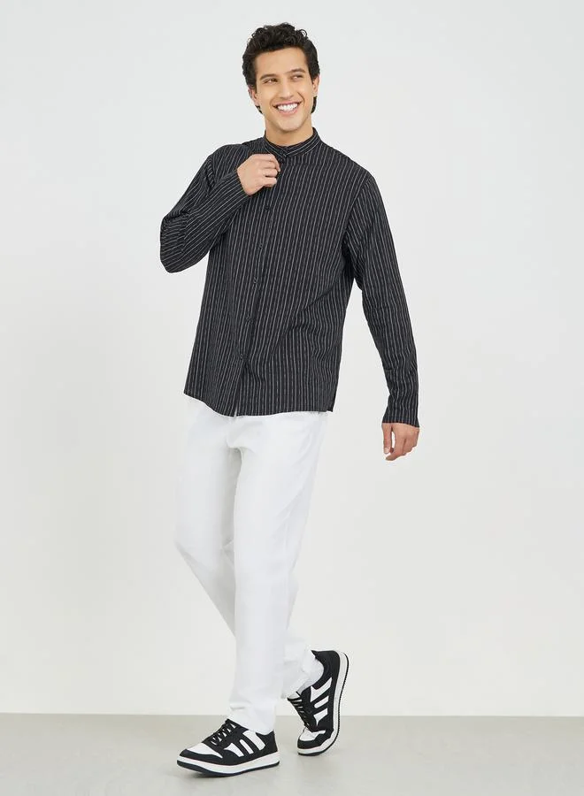 Styli Striped Mandarin Collar Long Sleeve Relaxed Fit Shirt