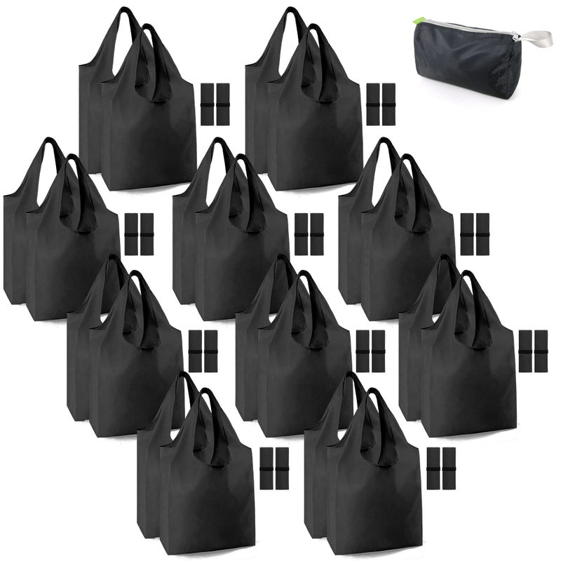BeeGreen 20 Pack Black Reusable Grocery Bags with Storage Pouch Reusable Shopping Bags Bulk w Elastic Band 50LBS XLarge Foldable Tote Bags Machine WashableHeavy Duty Cloth Tote Bags for Groceries