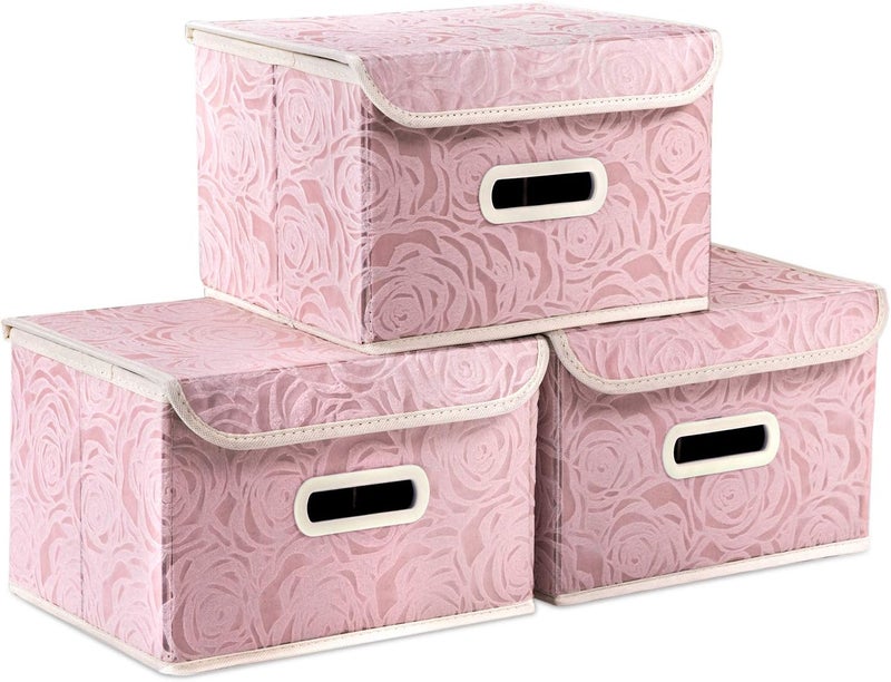 PRANDOM Collapsible Storage Boxes with Lids Fabric Decorative Storage Bins Cubes Organizer Containers Baskets with Cover Handles Divider for Bedroom Closet Living Room 9.8x7.9x6.7 Inch 3 Pack - Image 1