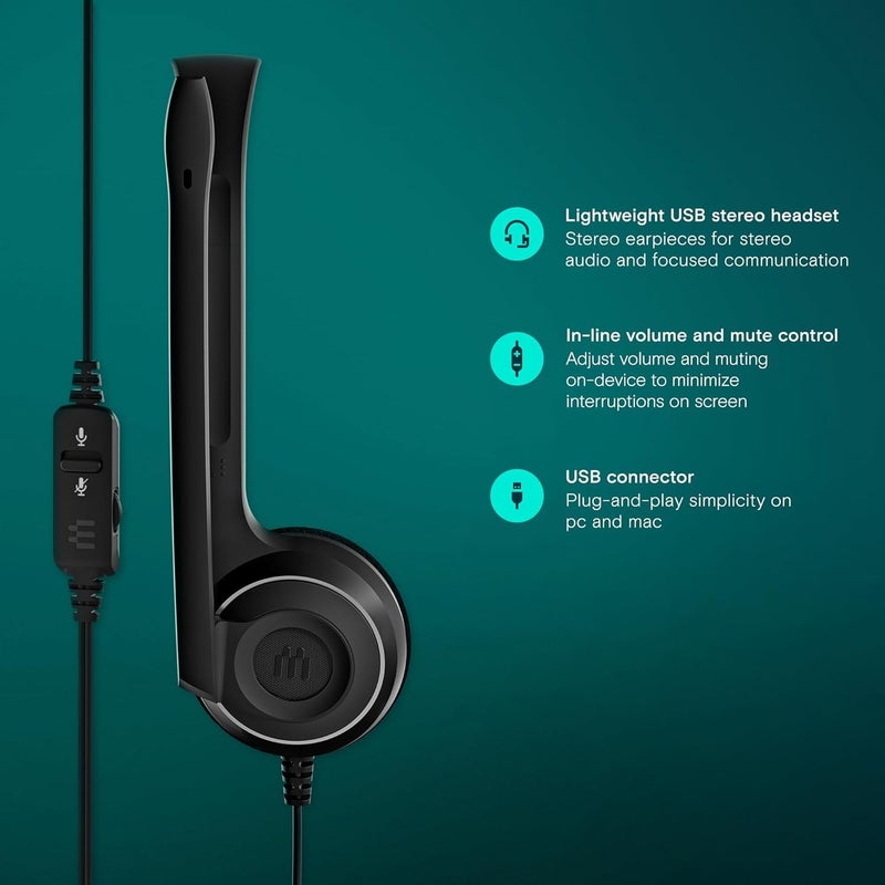 EPOS PC 8 USB A On-Ear Stereo Wired Headset with Microphone, Wired Headphones, Inline Volume Control, Mute Function, Noise-Canceling Microphone, for Laptop, PC, Mac - Online Calls, Teaching - Image 3