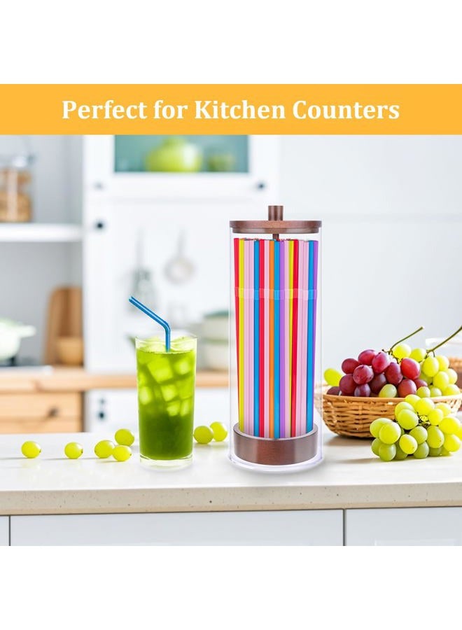 JYPS 10-Inch Acrylic Straw Dispenser with Bamboo Lid with 100 Colorful Straws,Transparent Counter Container Countertop Organizer for Kitchen,Office,Cabinet Storage, Holds Pencils, Cutlery(Dark brown) - Image 4