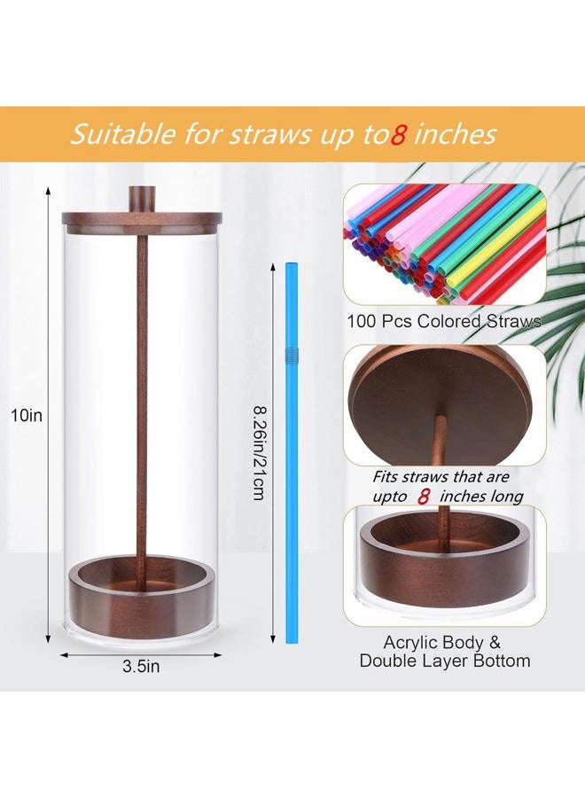 JYPS 10-Inch Acrylic Straw Dispenser with Bamboo Lid with 100 Colorful Straws,Transparent Counter Container Countertop Organizer for Kitchen,Office,Cabinet Storage, Holds Pencils, Cutlery(Dark brown) - Image 2