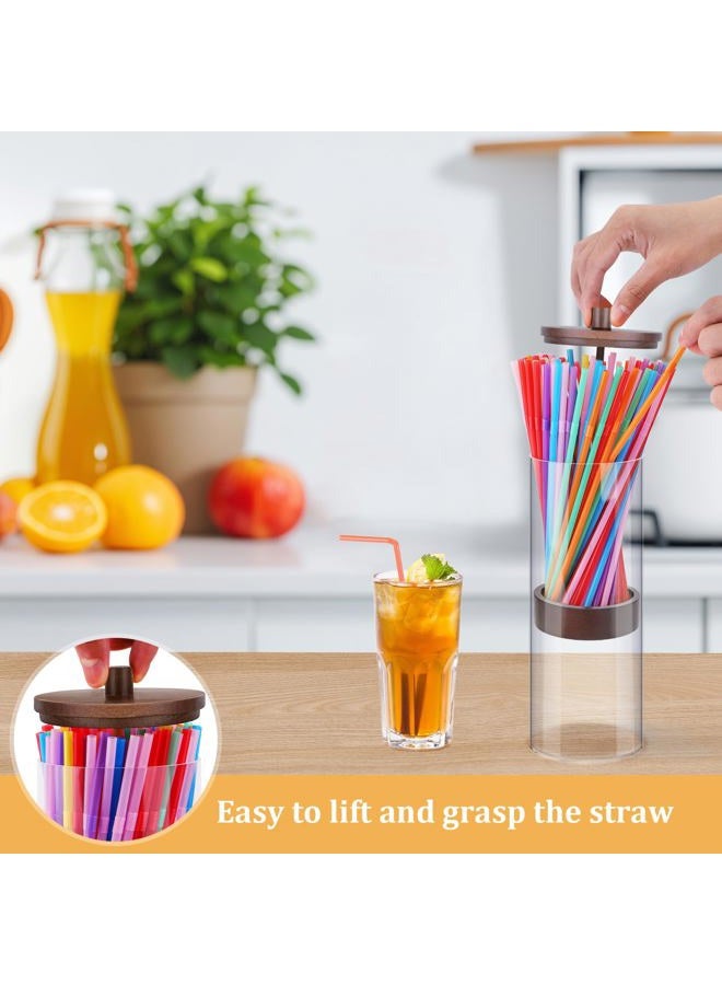 JYPS 10-Inch Acrylic Straw Dispenser with Bamboo Lid with 100 Colorful Straws,Transparent Counter Container Countertop Organizer for Kitchen,Office,Cabinet Storage, Holds Pencils, Cutlery(Dark brown) - Image 3