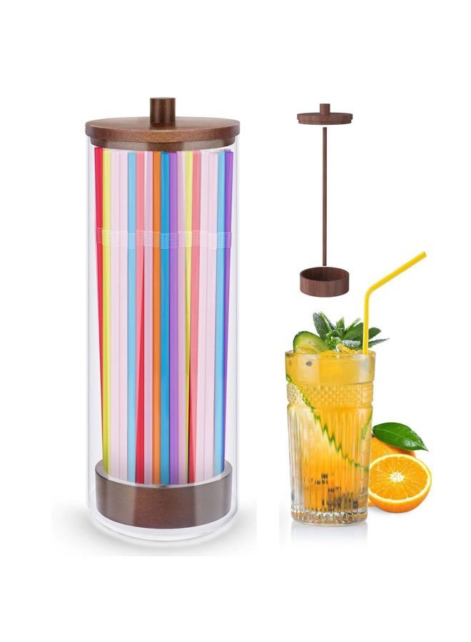 JYPS 10-Inch Acrylic Straw Dispenser with Bamboo Lid with 100 Colorful Straws,Transparent Counter Container Countertop Organizer for Kitchen,Office,Cabinet Storage, Holds Pencils, Cutlery(Dark brown) - Image 1