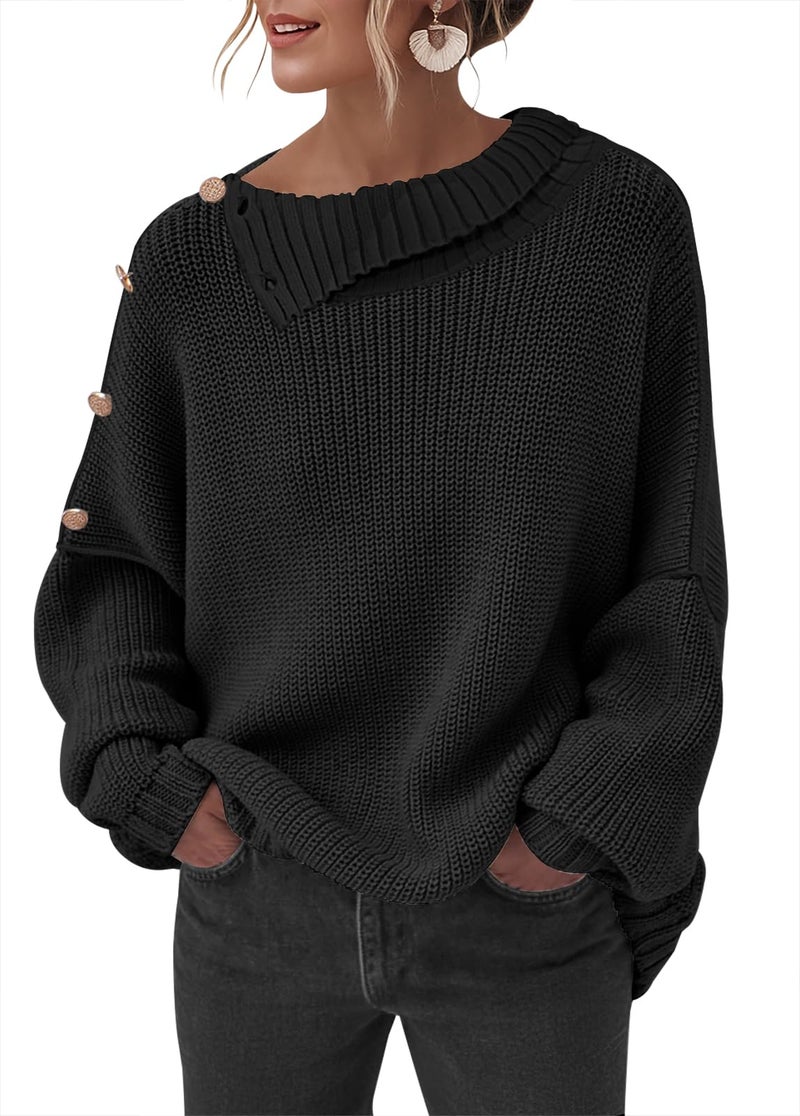 Women's 2026 Fall Winter Sweater Fashion Off Shoulder Pullover Tops with Button Solid Color Casual Sweaters