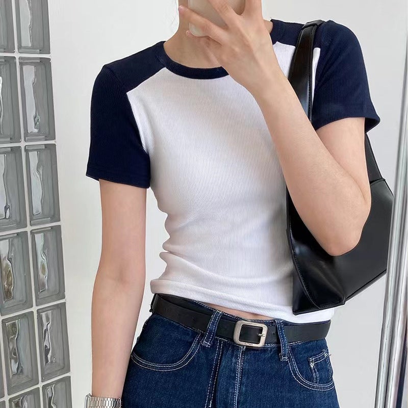 Western-Style Splicing Short-Sleeved T-Shirt for Women Summer Design 2025 New Slim-Fitting Top Retro Threaded Cotton Bottoming Shirt - Image 4