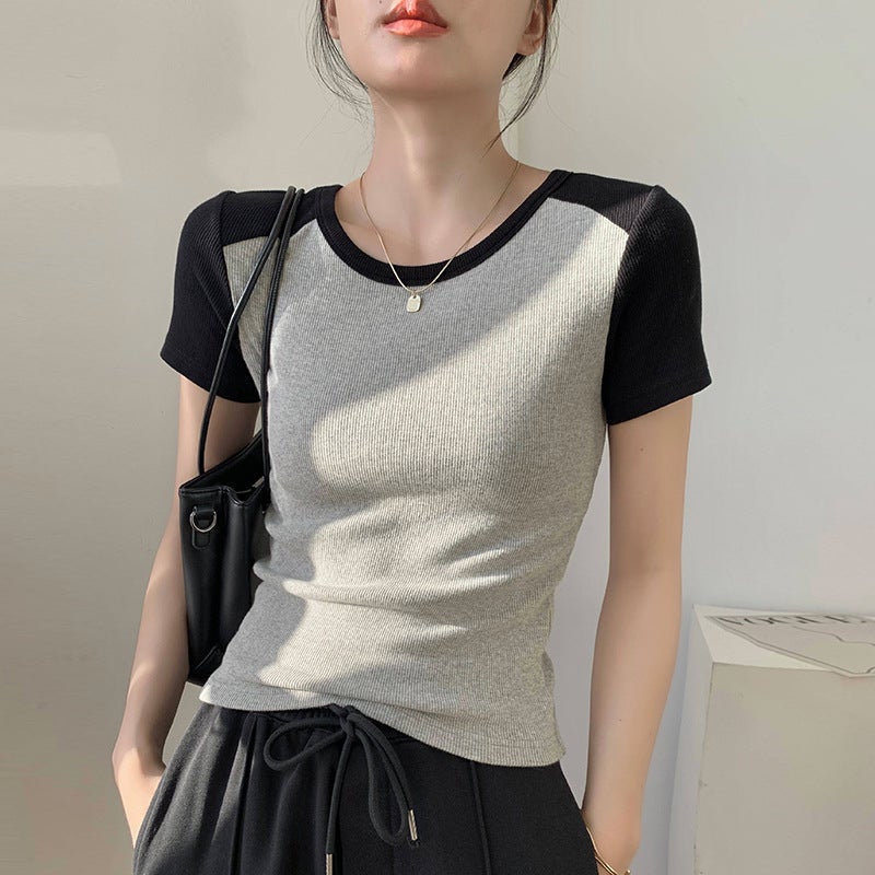 Western-Style Splicing Short-Sleeved T-Shirt for Women Summer Design 2025 New Slim-Fitting Top Retro Threaded Cotton Bottoming Shirt - Image 1