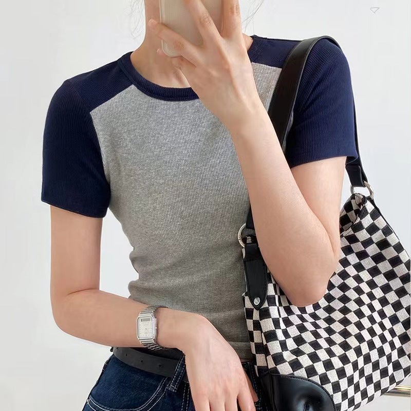 Western-Style Splicing Short-Sleeved T-Shirt for Women Summer Design 2025 New Slim-Fitting Top Retro Threaded Cotton Bottoming Shirt - Image 3