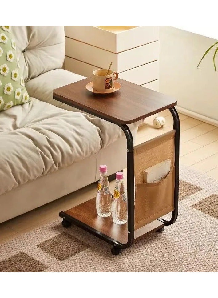 Generic Small C-shaped side table for sofa with a durable sliding storage bag under the couch, metal frame, suitable for living room and bedroom, brown color 