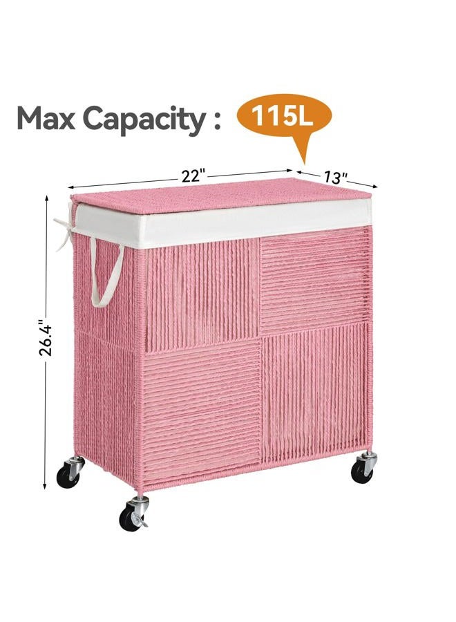 WOWLIVE Double Laundry Hamper with Lid, Handwoven Rolling Laundry Basket with Wheels, 115L Dirty Clothes Hamper with Removable Liner Bag Large Capacity Laundry Sorter Laundry Room Organization,Pink - Image 4