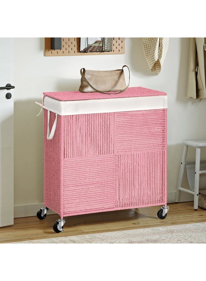 WOWLIVE Double Laundry Hamper with Lid, Handwoven Rolling Laundry Basket with Wheels, 115L Dirty Clothes Hamper with Removable Liner Bag Large Capacity Laundry Sorter Laundry Room Organization,Pink - Image 3