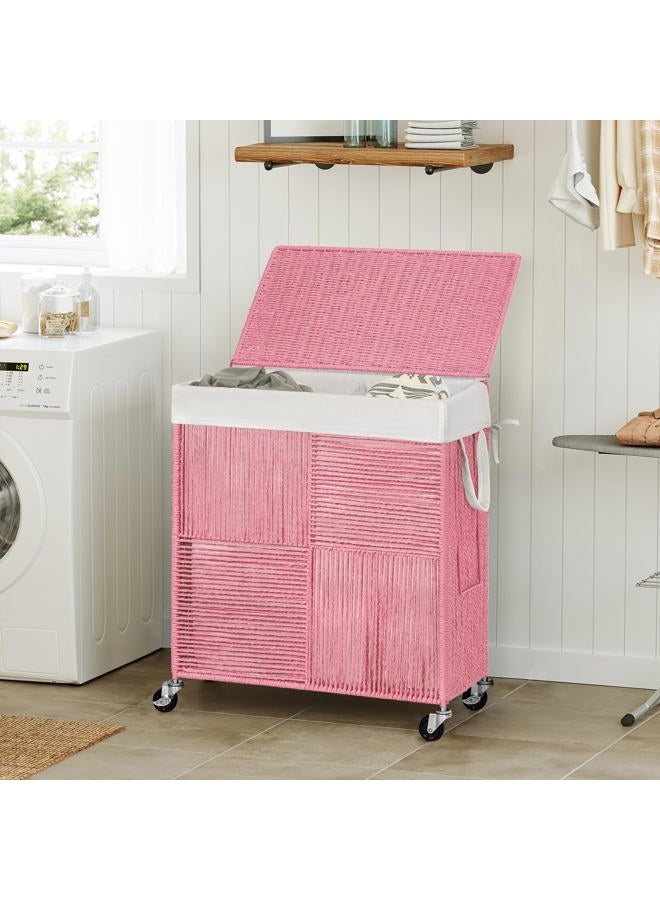 WOWLIVE Double Laundry Hamper with Lid, Handwoven Rolling Laundry Basket with Wheels, 115L Dirty Clothes Hamper with Removable Liner Bag Large Capacity Laundry Sorter Laundry Room Organization,Pink - Image 2