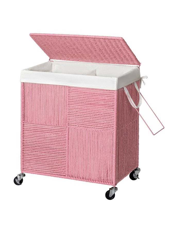 WOWLIVE Double Laundry Hamper with Lid, Handwoven Rolling Laundry Basket with Wheels, 115L Dirty Clothes Hamper with Removable Liner Bag Large Capacity Laundry Sorter Laundry Room Organization,Pink - Image 1