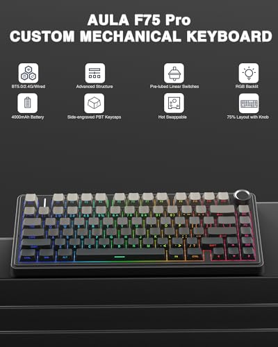 AULA F75 Pro Wireless Mechanical Keyboard,75% Hot Swappable Custom Keyboard with Knob,RGB Backlit,Pre-lubed Reaper Switches,Side Printed PBT Keycaps,2.4GHz/USB-C/BT5.0 Mechanical Gaming Keyboards - Image 2