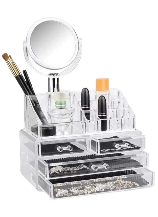 Generic Acrylic Makeup and Jewelry Organizer with Rotating Mirror - Stylish and Modern Design for Organizing and Storing Acrylic Jewelry, Cosmetics, and Lipsticks - Clear  - Image 1