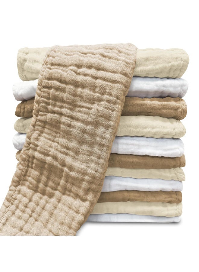 Sunny zzzZZ Sunny zzzZZ Muslin Burp Cloths for Baby 100% Cotton Burping Cloths for Unisex, Boy, Girl - Large 20'' by 10'' Newborn Essentials Ultra Soft Absorbent Milk Spit Up Rags - 12 Pack - White+Ivory+Brown  - Image 1