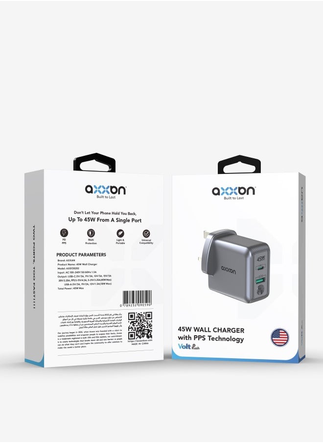 AXXAN Fast Wall Charger with Dual Ports, USB-C and USB-A, with a Capacity of 45 Watts and PPS Technology, Suitable for Samsung S24 Ultra/S23, iPhone 15/16 Promax Maximum Speed of 45 Watts Compatible with Laptops iPhones iPads and MacBooks Space Gray  - Image 2