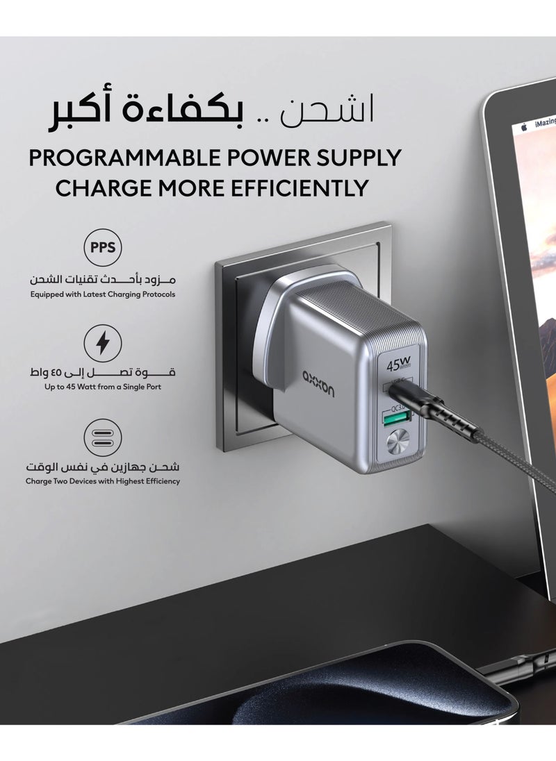 AXXAN Fast Wall Charger with Dual Ports, USB-C and USB-A, with a Capacity of 45 Watts and PPS Technology, Suitable for Samsung S24 Ultra/S23, iPhone 15/16 Promax Maximum Speed of 45 Watts Compatible with Laptops iPhones iPads and MacBooks Space Gray  - Image 3