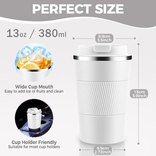 Volhoply 13 oz Stainless Steel Insulated Travel Coffee Mug with Fip LidReusable Double Wall Vacuum Metal Coffee CupPortable to Go Leak Proof Cafe Thermal Tumbler for Hot Cold DrinksWhite1 - Image 3