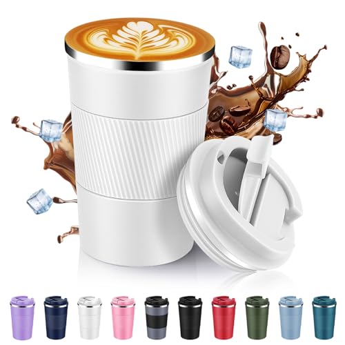 Volhoply 13 oz Stainless Steel Insulated Travel Coffee Mug with Fip LidReusable Double Wall Vacuum Metal Coffee CupPortable to Go Leak Proof Cafe Thermal Tumbler for Hot Cold DrinksWhite1 - Image 1