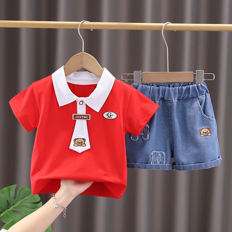 Male baby summer clothes 1.5 years old 7 9 10 8 5 9 6 months baby summer clothes split summer suit Red 