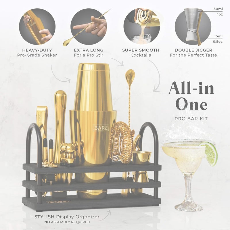 Bare Barrel ® Mixology Bartender Kit Bar Set | 14-Piece Cocktail Shaker Set | Martini Barware Mixing Tools for Home Bartending | 35 Recipe Cards | Gift Set (28oz Boston Shaker, Yellow Gold/Black) - Image 2