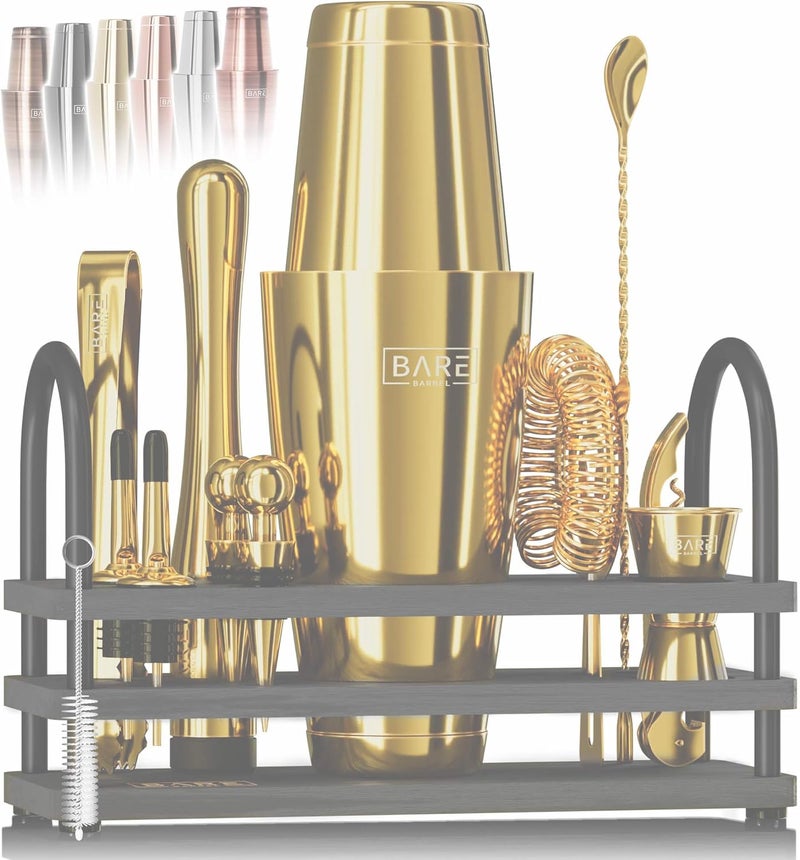 Bare Barrel ® Mixology Bartender Kit Bar Set | 14-Piece Cocktail Shaker Set | Martini Barware Mixing Tools for Home Bartending | 35 Recipe Cards | Gift Set (28oz Boston Shaker, Yellow Gold/Black) - Image 1