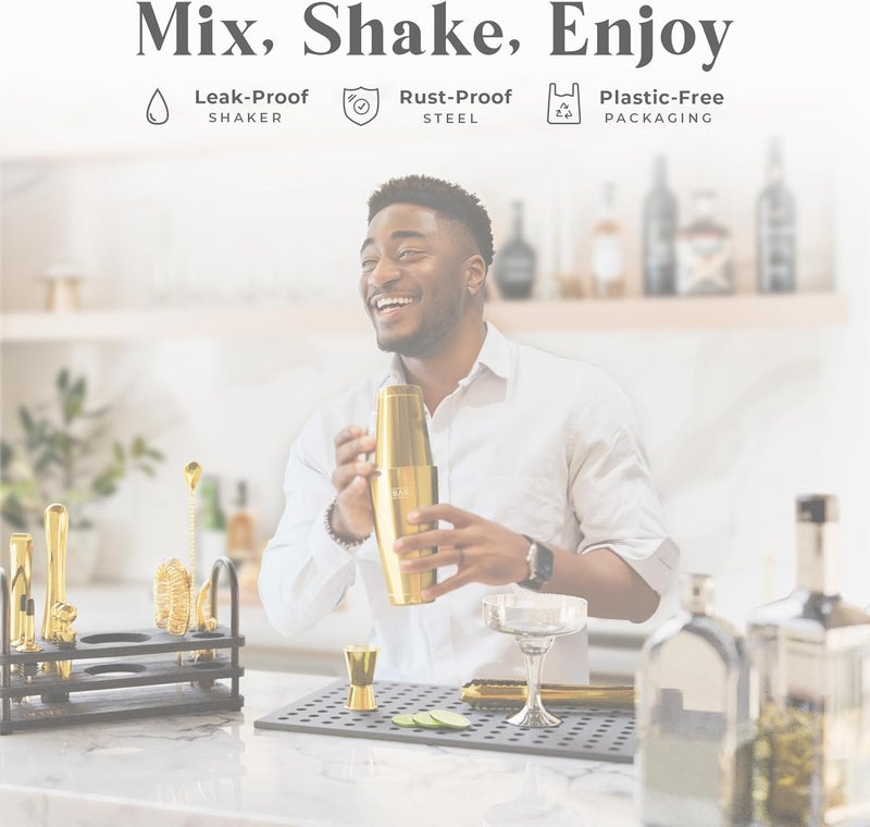 Bare Barrel ® Mixology Bartender Kit Bar Set | 14-Piece Cocktail Shaker Set | Martini Barware Mixing Tools for Home Bartending | 35 Recipe Cards | Gift Set (28oz Boston Shaker, Yellow Gold/Black) - Image 3