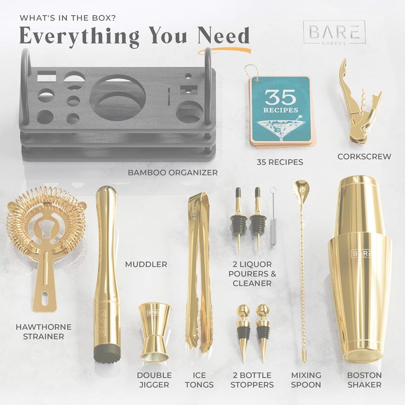 Bare Barrel ® Mixology Bartender Kit Bar Set | 14-Piece Cocktail Shaker Set | Martini Barware Mixing Tools for Home Bartending | 35 Recipe Cards | Gift Set (28oz Boston Shaker, Yellow Gold/Black) - Image 4