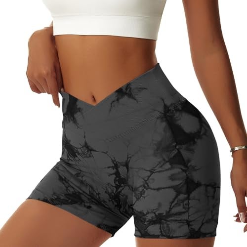 Vertvie Women's Workout Gym Shorts Booty V Cross Spandex Yoga Biker Shorts Scrunch Butt High Waisted Athletic Leggings (Tie Dye Black, Large) - Image 2
