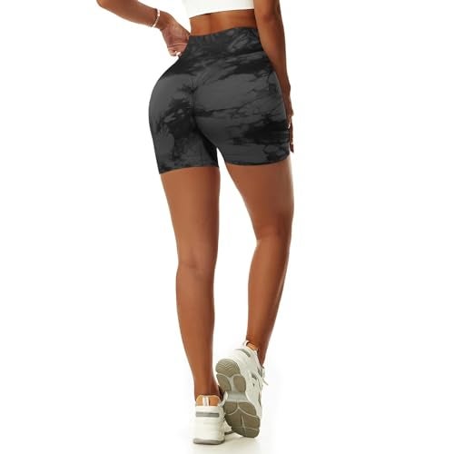 Vertvie Women's Workout Gym Shorts Booty V Cross Spandex Yoga Biker Shorts Scrunch Butt High Waisted Athletic Leggings (Tie Dye Black, Large) - Image 3