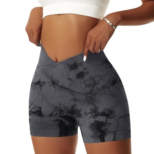 Vertvie Women's Workout Gym Shorts Booty V Cross Spandex Yoga Biker Shorts Scrunch Butt High Waisted Athletic Leggings (Tie Dye Black, Large) - Image 5