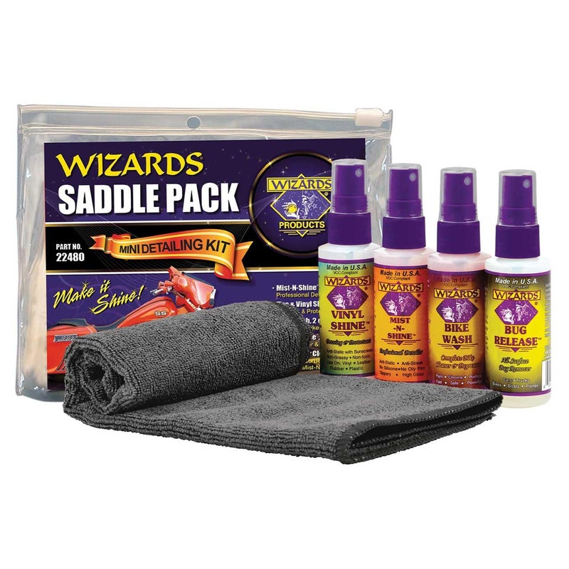 Wizards Motorcycle Cleaner Kit 5 Piece Motorcycle Accessories Saddle Pack Motorcycle Detailing Supplies Bike Surface Cleaner and Tire Cleaner Powerful Stain Removal Kit With Tire Protectant