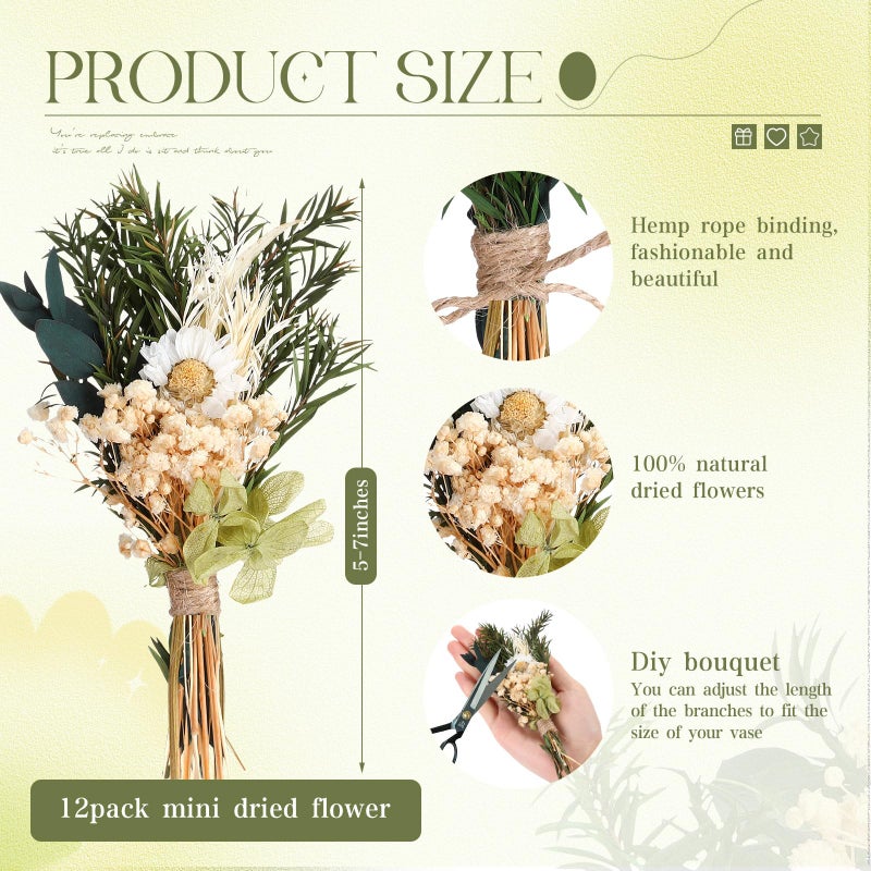 Layhit 12 Pack Boho Dried Flower Bouquet Mini Wedding Handmade Dry Flowers Decor for Vase Crafts DIY Photo Boutonniere for Men Floral Plant Flower for Bridesmaid Child Gift Birthday Decor(Fresh) - Image 2