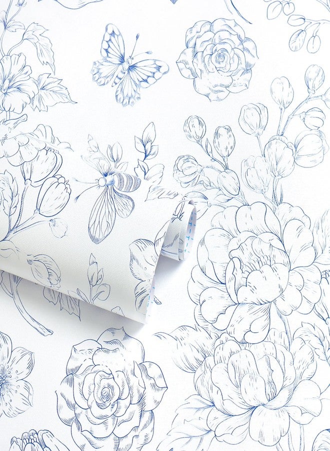 CiCiwind Floral Peel and Stick Wallpaper Blue and White Contact Paper Boho Modern Self Adhesive Removable Wall Paper for Bathroom Bedroom Cabinets Flower Butterfly Papel Tapiz para Pared 17.3"×78.7" - Image 1