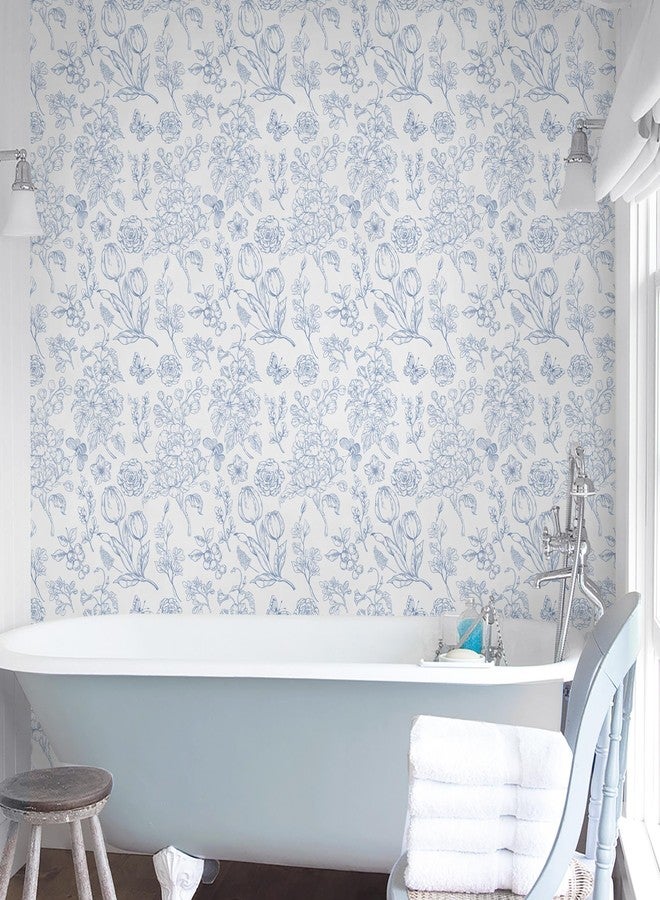 CiCiwind Floral Peel and Stick Wallpaper Blue and White Contact Paper Boho Modern Self Adhesive Removable Wall Paper for Bathroom Bedroom Cabinets Flower Butterfly Papel Tapiz para Pared 17.3"×78.7" - Image 5