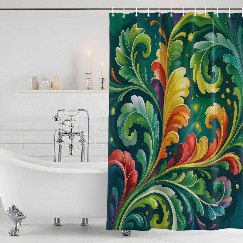 Abstract Leaf Shower Curtain with 12 Hooks Green Yellow Red Leaf Fireflies Summer Plant Waterproof Fabric Shower Curtains Sets for Bathroom Bath Decorations, Machine Washable, 72"x78" - Image 5