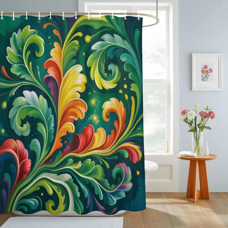 Abstract Leaf Shower Curtain with 12 Hooks Green Yellow Red Leaf Fireflies Summer Plant Waterproof Fabric Shower Curtains Sets for Bathroom Bath Decorations, Machine Washable, 72"x78" - Image 3
