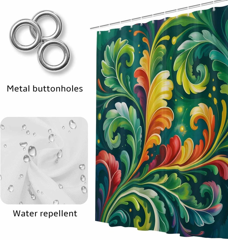Abstract Leaf Shower Curtain with 12 Hooks Green Yellow Red Leaf Fireflies Summer Plant Waterproof Fabric Shower Curtains Sets for Bathroom Bath Decorations, Machine Washable, 72"x78" - Image 4