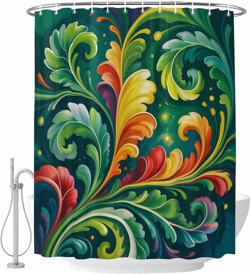 Abstract Leaf Shower Curtain with 12 Hooks Green Yellow Red Leaf Fireflies Summer Plant Waterproof Fabric Shower Curtains Sets for Bathroom Bath Decorations, Machine Washable, 72"x78" - Image 2