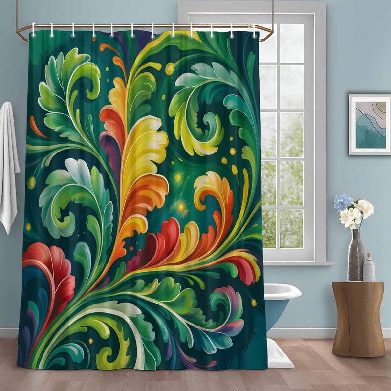 Abstract Leaf Shower Curtain with 12 Hooks Green Yellow Red Leaf Fireflies Summer Plant Waterproof Fabric Shower Curtains Sets for Bathroom Bath Decorations, Machine Washable, 72"x78" - Image 1