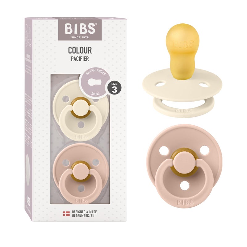 Ziggle BIBS Colour Soother 2-Pack, BPA Free Dummy Pacifier, Round Nipple. Natural Rubber Latex, Size 3 (18+ Months), Ivory/Blush - Image 1